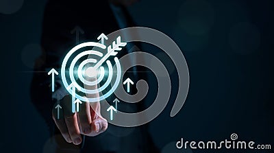 Corporate Development and Global Business Leadership, Charting a Course for Success. Businessman touching goal and arrow icon for Stock Photo