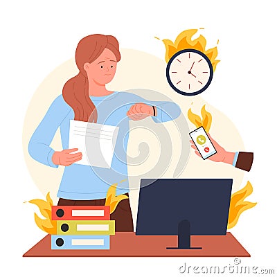 Corporate employee stress due to deadline, woman looking at wrist watch, standing at desk Vector Illustration