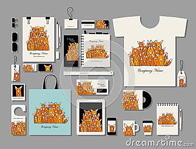 Corporate flat mock-up template, funny fox family Vector Illustration