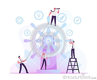 Corporate Governance and Team Work Concept. Group of Businesspeople Trying to Move Huge Steering Wheel Vector Illustration