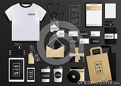 Corporate identity design template set. Mock-up package, tablet, phone, price tag, cup, notebook Vector Illustration