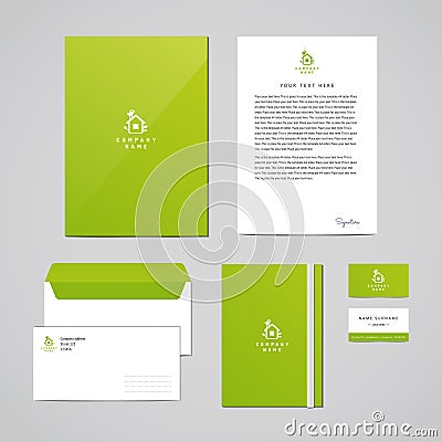 Corporate identity eco design template. Documentation for business (folder, letterhead, envelope, notebook and business card). Log Vector Illustration