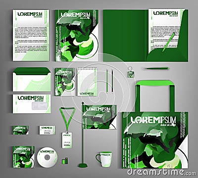 Corporate identity template. Green set with paint stains. Vector Illustration