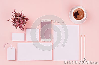 Corporate identity template, white blank stationery set with heather flowers, coffee, phone on soft pink elegance stylish backgrou Stock Photo