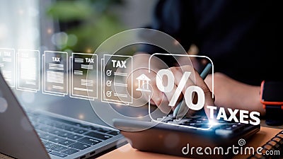 Corporate and individual tax payment concept, woman using computer filling out corporate and personal income tax return, VAT and Stock Photo