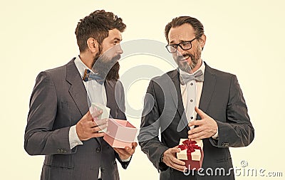 Corporate party concept. Hipster bearded bought gifts. Holiday shopping. Buy gifts. Prepared something special. Guests Stock Photo