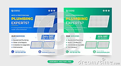 Corporate plumbing business social media post vector with blue and green colors. Handyman and plumber service web banner design Vector Illustration