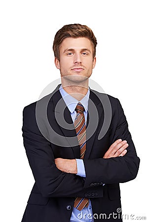 Corporate portrait, arms crossed and studio man, real estate agent or realtor pride, confidence and profile picture Stock Photo