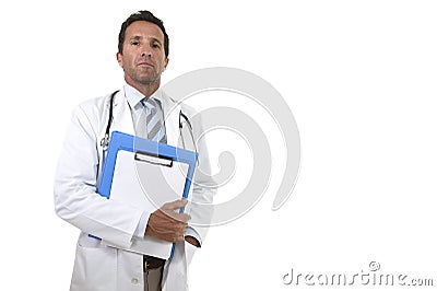 Corporate portrait of confident 40s attractive male medicine doctor with stethoscope with clipboard Stock Photo