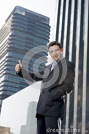 Corporate portrait young attractive businessman outdoors urban office buildings Stock Photo