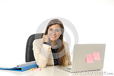 Corporate portrait young attractive businesswoman at office chair working at laptop computer desk Stock Photo