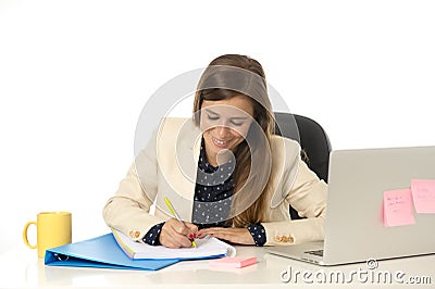 Corporate portrait young attractive businesswoman at office chair working at laptop computer desk Stock Photo
