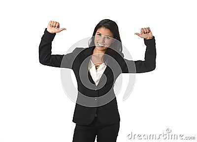 Corporate portrait of young attractive latin businesswoman in office suit smiling happy Stock Photo