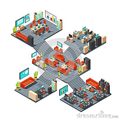 Corporate professional 3d office. Isometric business center floors interior vector illustration Vector Illustration