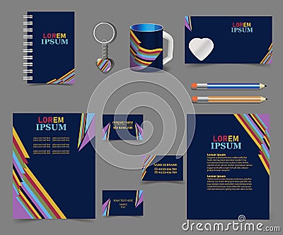 Corporate-style-pattern-design-on-dark-blue-rainbow-stripes.-Business-stationery-set Vector Illustration