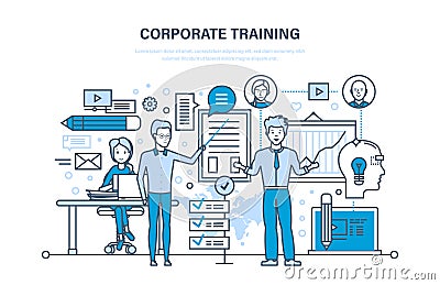 Corporate training, education, learning. Teaching on lesson. Conference, presentation. Vector Illustration