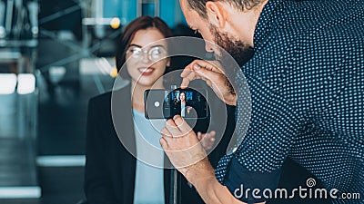 Corporate vlog smart business woman interview Stock Photo