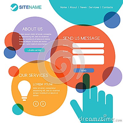 Corporate website template. Modern flat web design. Touch interface with hand pointer symbol. Colorful circles vector background Vector Illustration