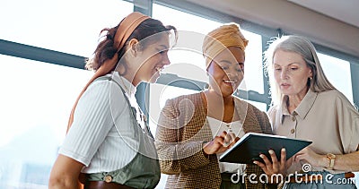 Corporate women, tablet and planning for strategy, target or marketing strategy in office for goal. Black woman coach Stock Photo