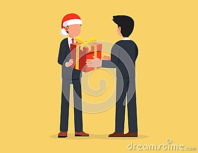 Corporate worker Christmas and New Year congratulations. Business man boss in Santa Claus hat gift box to employees Vector Illustration