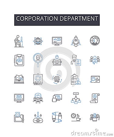 Corporation department line icons collection. Executive suite, Agency division, Government branch, Judicial chamber Vector Illustration