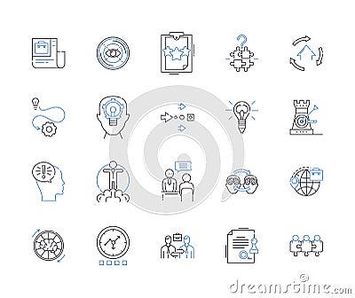 Corporation goals outline icons collection. Profitability, Growth, Expansion, Efficiency, Quality, Reach, Innovation Vector Illustration