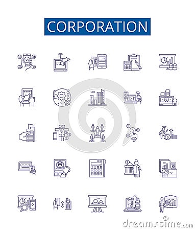 Corporation line icons signs set. Design collection of Corporation, Company, Business, Enterprise, Conglomerate, Group Vector Illustration