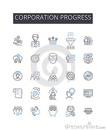 Corporation progress line icons collection. Builders, Contractors, Architects, Engineers, Surveyors, Project Managers Vector Illustration