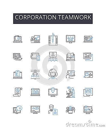 Corporation teamwork line icons collection. Illness, Injury, Medical, Emergency, Clinic, Treatment, Urgent vector and Stock Photo