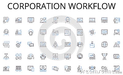 Corporation workflow line icons collection. Trivia, Information, Evidence, Realities, Statistic, Discoveries Vector Illustration