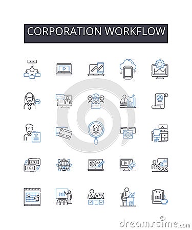 Corporation workflow line icons collection. Company process, Business operations, Enterprise mechanism, Organization Vector Illustration