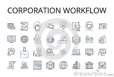 Corporation workflow line icons collection. Company process, Business operations, Enterprise mechanism, Organization Vector Illustration