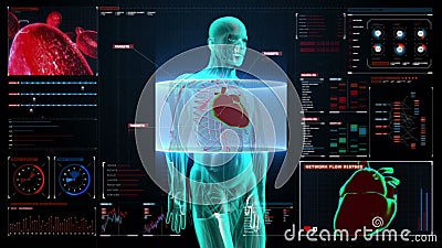 Corps tournant de bourdonnement et coeur de balayage Système cardio-vasculaire humain, lumière bleue de rayon X sur le panneau d' illustration de vecteur Corps tournant de bourdonnement et coeur de balayage Système cardio-vasculaire humain, lumière bleue de rayon X sur le panneau d' illustration de vecteur