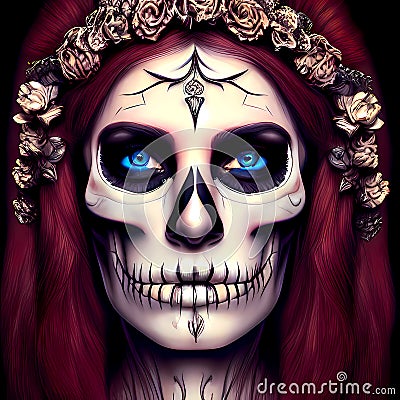 Corpse bride with sugar skull face decorated for halloween Cartoon Illustration