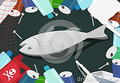 Corpse fish in pile of junk at sea pollution Vector Illustration