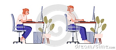 Correct good position vs bad incorrect posture for sitting at computer desk. Right and wrong back and neck poses of Vector Illustration