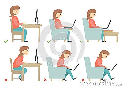 Correct and Incorrect Activities Posture in Daily Routine - Sitting and Working with a Computer. Woman character. Vector Illustration