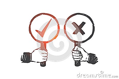 Correct and incorrect concept sketch. Hand drawn isolated vector Vector Illustration