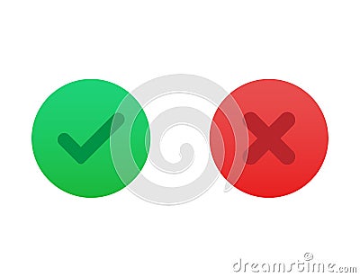 Correct or incorrect icon. Right or wrong answer in green and red gradient colors. Ok and no cross checkmark. Positive and Vector Illustration