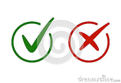 Correct, incorrect sign. Right and wrong mark icon set. Green tick and red cross flat simbol. Check ok, YES, no, X marks for vote Vector Illustration