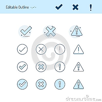 Correct incorrect thin line icons, Caution icon, right wrong icon, accept reject, tick, cross, close, positive negative Vector Illustration