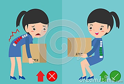 Correct lifting posture And incorrect women lift wrong and right position. Correct and incorrect posture while weight lifting. Vector Illustration