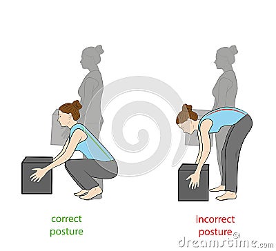 Correct posture to lift a heavy object safely. Illustration of health care. vector illustration Vector Illustration