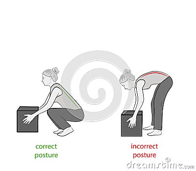 Correct posture to lift a heavy object safely. Illustration of health care. vector illustration Vector Illustration