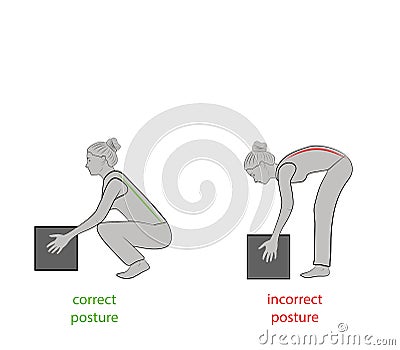 Correct posture to lift a heavy object safely. Illustration of health care. vector illustration Vector Illustration