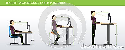 Correct postures for Height Adjustable and Standing Desks Vector Illustration