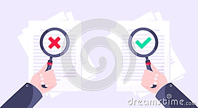 Correct and reject document verification concept with paper sheets and check mark tick and x on it. Vector Illustration