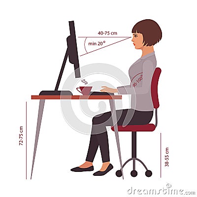 Correct sitting position, office desk posture Vector Illustration