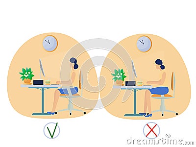 Correct spine sitting posture and incorrect Vector Illustration