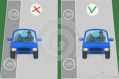 No driving and parking in bicycle lane. Bike road sign and car ride on bike path. Vector Illustration